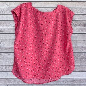 Ann Taylor Coral-Pink Floral Cap Sleeve Blouse medium